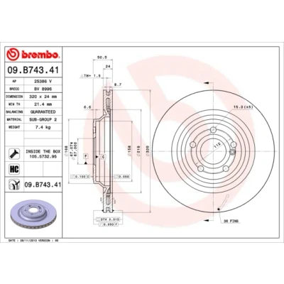 Abbildung von BREMBO COATED DISC LINE 09.B743.41 Bremsscheibe 320 24 5 innenbelüftet beschichtet hochgekohlt mit Schrauben MERCEDES BENZ: SL Cabrio