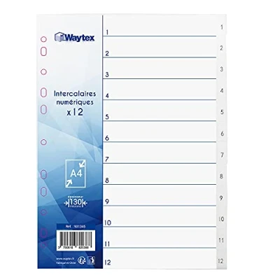Abbildung von WAYTEX 931345 Register A4, 12 Tasten, mit Zahlen von 1 bis 12, Polypropylen, Weiß Indexen