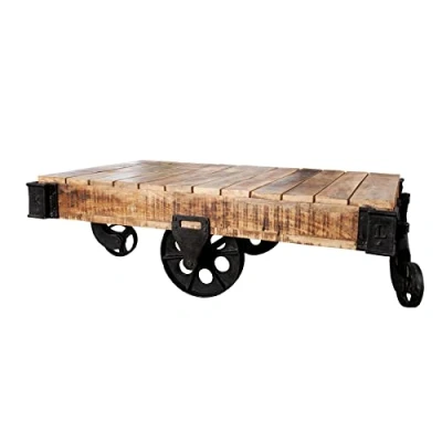 Abbildung von riess ambiente Couchtisch RAILWAY 120cm natur / schwarz, Wohnzimmer · Massivholz Metall auf Rädern Industrial