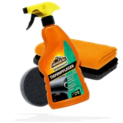 Abbildung von detailmate Auto Cockpitpflege Bundle: Armor All Kunststoff Tiefenpfleger seidenmatt 500ml + 2X Microfasertuch Premium Applikatorpad Ø90mm Kunststoffpflege Innenraum