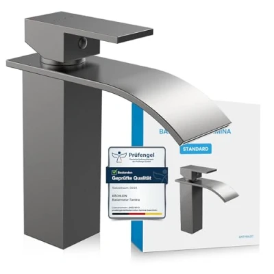 Abbildung von Bächlein Badarmatur Elegante Tamina (Anthrazit) hochwertige Designarmatur mit Wasserfalloptik