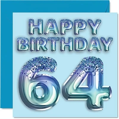 Abbildung von Stuff4 Geburtstagskarte zum 64. Geburtstag für Männer Blauer Glitzer Partyballon Happy Birthday Karten 64 Jahre alten Mann, Onkel, Großvater, Vater, Opa Oma, 145 mm x mm,