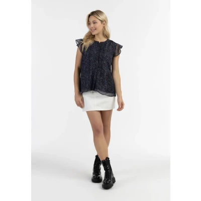 Abbildung von DREIMASTER Vintage Damen Blusenshirt mit Rüschenärmeln L / Schwarz Blumenmuster 95% Polyester 5% Metallfaser