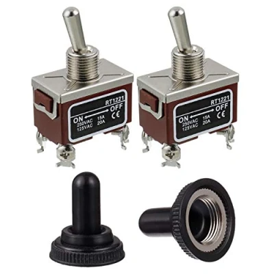 Abbildung von BOJACK RT1221 Kippschalter 125V 20A 250V 15A DPST EIN AUS 4 Klemmenstift Wippschalter mit wasserdichter Metallkappe (Packung 2 Stück)