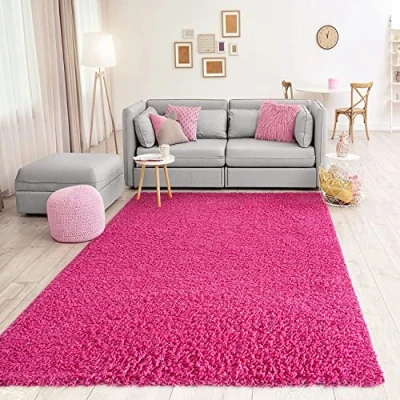 Abbildung von VIMODA Teppich Prime Shaggy Hochflor Langflor Einfarbig Modern Pink Rosa für Wohnzimmer, Schlafzimmer, Maße:150 cm Quadrat