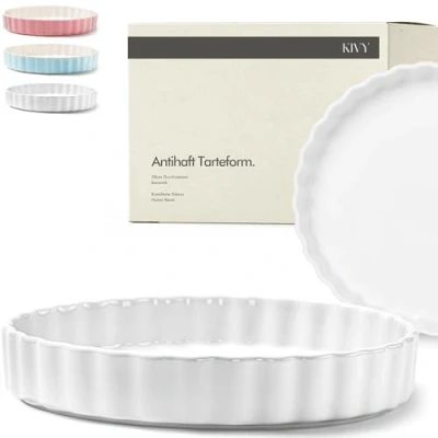 Abbildung von KIVY Tarte &amp; Quicheform Keramik 28cm Antihaftbeschichtete Tarteform 28 cm rund Tarteformen Quicheformen Obstbodenform Quiche Backform Weiß