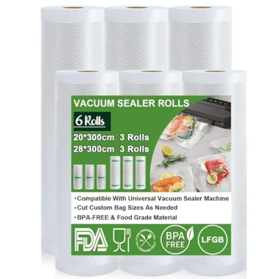 Abbildung von Omtofo Vakuumierbeutel Rolle 6 Rollen Vakuumierfolie, 20 x 300cm(3Rollen) &amp; 28 300cm(3Rollen), BPA frei, Reißfest, Lebensmittel Vakumierfolienrolle für alle Vakuumierer, Mikrowellen and Sous Vide