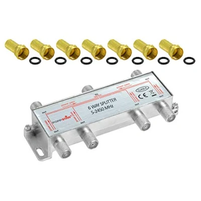 Abbildung von Poppstar Sat Verteiler Splitter Umschalter 6 Fach inkl. F Stecker (analog/digital/BK/unicable/HD/4K tauglich) für TV, Satellit, Fernseher, Radio, LNB