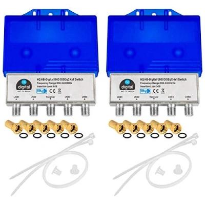 Abbildung von 2X HQ DiseqC Schalter Switch 4/1 mit Wetterschutzgehäuse HB DIGITAL 4X SAT LNB 1 x Teilnehmer/Receiver für Full HDTV 3D 4K UHD + 10 Vergoldete F Stecker Vergoldet