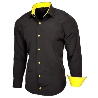 Abbildung von Baxboy Herren Hemd Slim Fit Bügelleicht für Anzug, Business, Hochzeit, Freizeit Langarm Hemden Männer Langarmhemd R 44, Farbe:Schwarz/Gelb, Größe:XL
