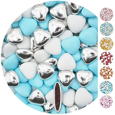 Abbildung von EinsSein 1kg Schokoherzen Dragees Mix weiss hellblau silber glanz Herz Schokodragees Hochzeit Taufe Kommunion Schokolinsen Hochzeitsmandeln Candy Bar Süssigkeiten Geschenk Valentinstag