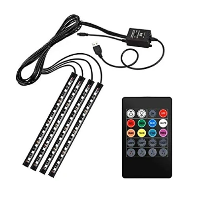 Abbildung von A59C LED Auto Innenbeleuchtung, 8 Farben, 48 LEDs, RGB Lichtstreifen mit Musiksteuerung, 4 teiliges Multicolor Ambiente Beleuchtung Set USB Anschluss und 12V Autoladegerät, Fernbedienung