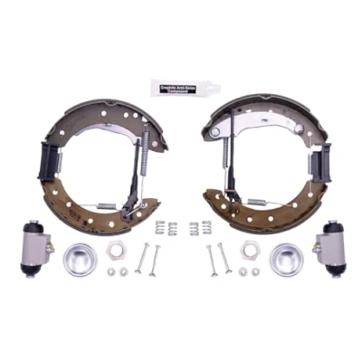 Abbildung von HELLA Shoe Kit Pro 8DB 355 005 041 Bremsensatz, Trommelbremse mit Radbremszylinder, Stellelement PEUGEOT: 206 Schrägheck, 106 II Schrägheck