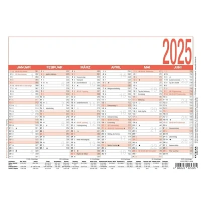 Abbildung von Zettler Arbeitstagekalender 2025 weiß/rot, 21x14,8cm, Plakatkalender mit Monatsübersicht, 6 Monate auf 1 Seite, Ferientermine, Arbeitstage , Tages und Wochenzählung deutsches Kalendarium