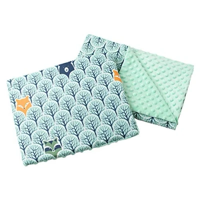 Abbildung von Medi Partners Babydecke Krabbeldecke mit Kissen 100% Baumwolle Minky Kinderdecke 55x75 + 35x30cm multifunktional für Kinderwagen Babyschale Wiege (Bear im Walde minzer Minky)