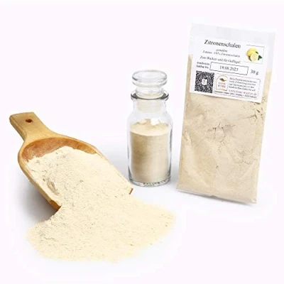 Abbildung von Zitronenschalen gemahlen, Backzutaten Zitronen Pulver, Fruchtpulver, Backgewürze, Weihnachtsgewürze, Smoothiepulver, Einmachgewürz, glutenfrei, 30g