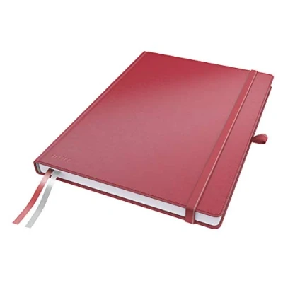 Abbildung von Leitz Complete Qualitäts Notizbuch A4 liniert, 160 Seiten, 80 Blatt, Hardcover Mit hochwertigem Einband, 100 g/m² Papier, Gummizugverschluss, Textilbänder, Stiftelasche, Tasche, Rot, 44720025