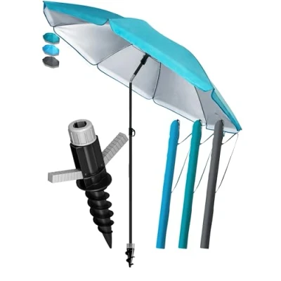 Abbildung von 4smile Sonnenschirm Strand SunnyJoy Ø 200 cm, 3 IN 1 Set UPF 50+ Strandschirm + Schutzhülle Bodenhülse windfest stabil, Sonnenschutz Strand, Gartenschirm, Türkis