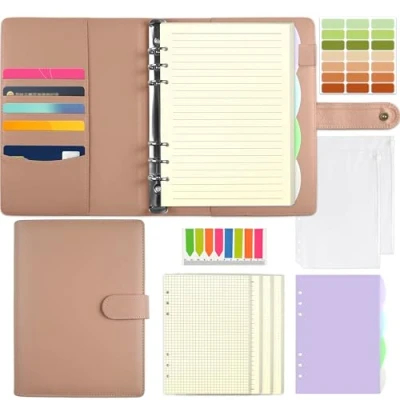 Abbildung von Qefuna A5 Ringbuch,Ringbuch nachfüllbar mit180 Blatt Nachfüllpapier, Notizbuch mit Bindetaschen und Unterteilungen, Binder für Männer Frauen，Rosa