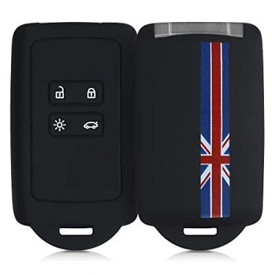 Abbildung von kwmobile Autoschlüssel Hülle kompatibel mit Renault 4 Tasten Smartkey (nur Keyless Go) Silikon Schutzhülle Schlüsselhülle Cover Union Jack Streifen Rot Blau Schwarz