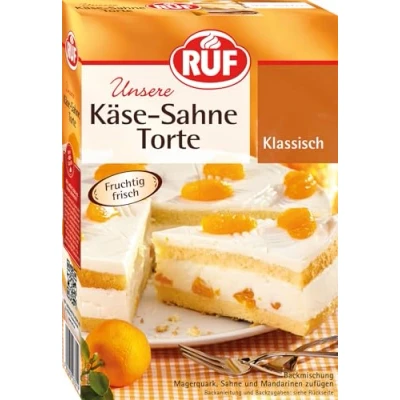 Abbildung von RUF Käse Sahne Torte, Backmischung für Torte mit Biskuitboden und Sahnecreme, Mandarinen, Kirschen, Stachelbeeren, Heidelbeeren