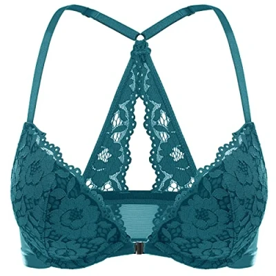Abbildung von DOBREVA Damen Vorderverschluss BH mit Bügel Push Up Spitzen Neckholder BHS Racerback Tiefer Ausschnitt Gepolsterter Fichtengrün 80A