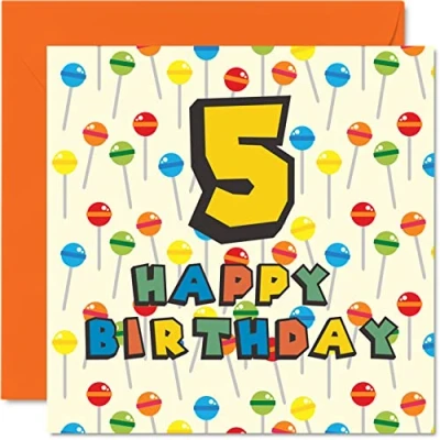 Abbildung von Geburtstagskarte zum 5. Geburtstag, Unisex, Lollipop Sweets Candy, Happy Birthday, Karte Sohn, Tochter, Bruder, Schwester, Enkelin, Nichte, Neffen, Cousin, 145 mm x