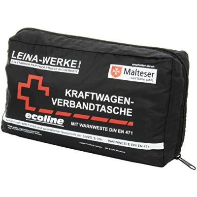 Abbildung von Leina Werke 11062 KFZ Verbandtasche Compact Ecoline mit Warnweste und Klett, Schwarz/Weiß/Rot
