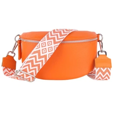Abbildung von MIRROSI® Bauchtasche Damen, Echtleder, Made in Italy, Umhängetasche, Brusttasche, Crossbody Bag (1 Tasche &amp; 2 Gurte) (Orange (Bohemian), Kleine (22x13x6cm))