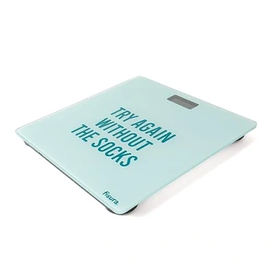 Abbildung von Fisura Digitale Badezimmerwaage &quot;Try again&quot;. Glas Badewaagen. Elektronische Personenwaage bis zu 180 kg und 50 g Genauigkeit, Step On Technologie. 30 x cm