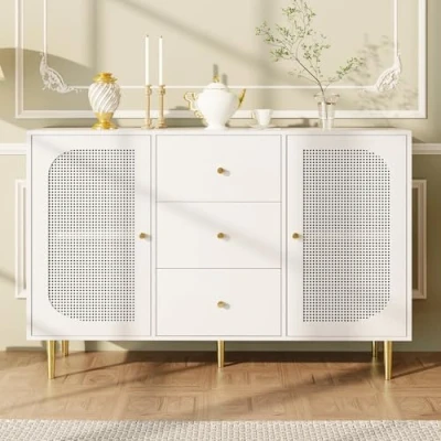 Abbildung von Merax Sideboard Kommode mit 2 Schränken &amp; 3 Schublade, Buffetschrank viel Stauraum, Rattan Holzschränke, Landhausstil, Beistellschrank Anrichte für Schlafzimmer, Wohnzimmer, Esszimmer, Weiß, 120cm