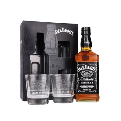 Abbildung von Jack Daniel&#039;s Tennessee Whiskey 40% Vol. 0,7l in Geschenkbox mit 2 Rocks Gläsern
