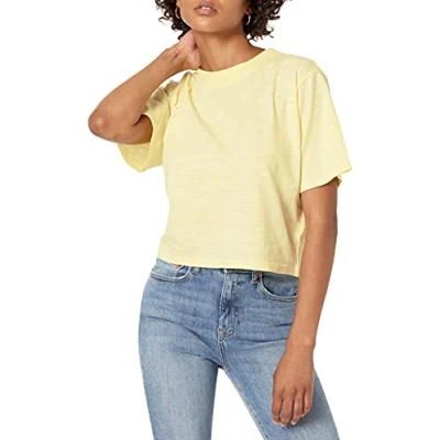 Abbildung von The Drop Damen Sydney T Shirt, kurzer Cropped Stil, Rundhalsausschnitt, Pastellgelb., S