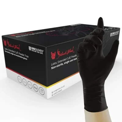 Abbildung von UNIGLOVES Select Black Latex Extended Cuff GT0015 Einweghandschuhe, puderfrei, optimiert für Tätowierer, Box mit 100 Handschuhen, Schwarz, Größe XL