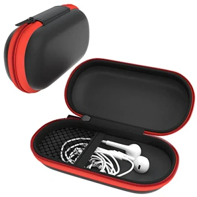 Abbildung von EAZY CASE Universal Tasche für In Ear Kopfhörer mit Netzfach Hardcase Aufbewahrungsbox, Schutztasche umlaufenden Reißverschluss, extra klein, oval, Rot