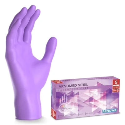 Abbildung von ARNOMED Einweghandschuhe Lila 100 Stück/Box, Einmalhandschuhe S, Nitrilhandschuhe, Handschuhe Einweg puderfrei, latexfreie Gummihandschuhe, in XS, M, L &amp; XL verfügbar