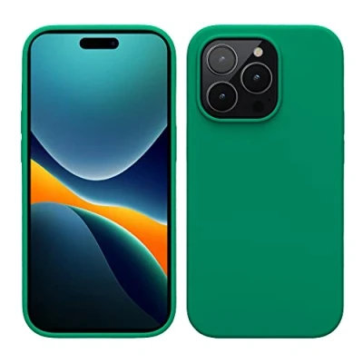 Abbildung von kwmobile Hülle für das iPhone 14 Pro dünnes Silikon Handy Case stoßfeste Handyhülle mit weicher Oberfläche unterstützt kabelloses Laden Smaragdgrün
