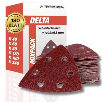 Abbildung von Delta Schleifdreiecke mit Klett, 180 Blatt, 93 x mm, 6 Löcher, je 30 Korn 40 60 80 120 240, für Deltaschleifer &amp; Multischleifer, Dreieckschleifer Schleifpapier, Staubabsaugung