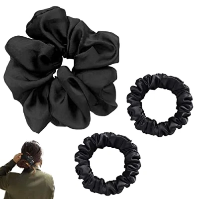 Abbildung von JeoPoom Seide Haargummi[3 Stück], 11cm und 6cm Haare Ringe, für den Haarschmuck Damen Mädchen Pferdeschwanz zum Binden Halten(Schwarz)