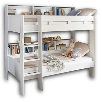 Abbildung von Etagenbett mit Bettkasten 90 x 200 cm weiß Kinderbett JUSA