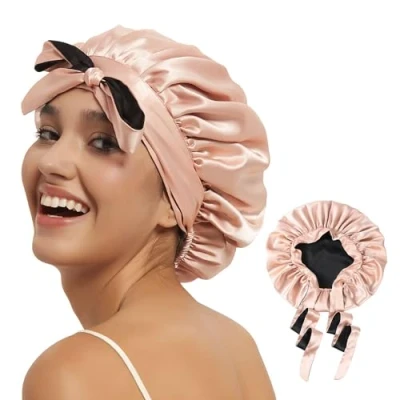 Abbildung von Hat Hut Schlafmütze Seiden Haarhaube Satin Schlafhaube für Locken Seidenhaube zum Schlafen Silk Bonnet Schlafkappe Damen und Mädchen (Rosa/Schwarz)