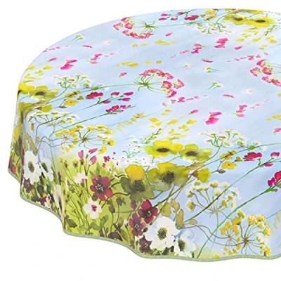 Abbildung von Wachtuchtischdecke abwaschbare Tischdecke Wachstuch Wildfeld Blumen Heide Mehrfarbig pflegeleicht Rund 100cm eingefasst