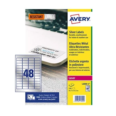 Abbildung von Avery L6009 5 Etiketten, A4, 46 x 21 mm, silberfarben, 240 Etiketten