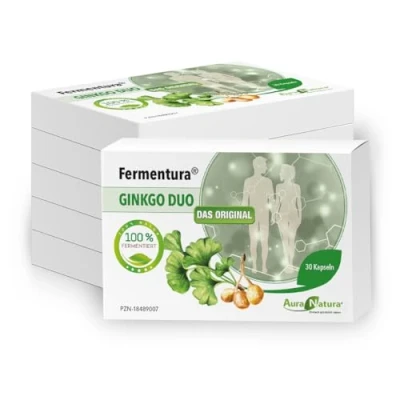 Abbildung von Aura Natura Fermentura Ginkgo Duo Biloba Kapseln, Hochdosiert Fermentierter Extrakt der Ginkgonuss und des Ginkgoblatts 6er Pack, 180 Kapseln Vegan