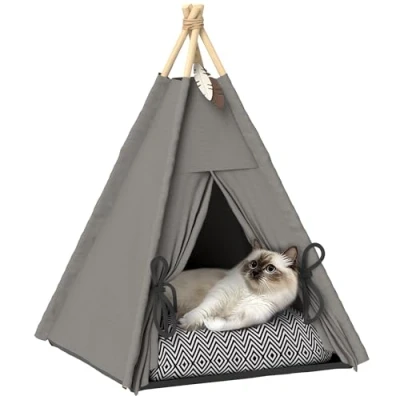 Abbildung von Tipi Zelt für Haustiere, Katzenzelt mit abnehmbar und waschbar Kissen, Grau
