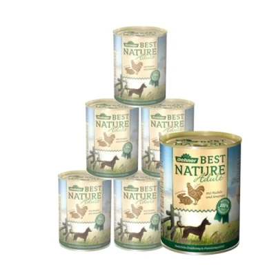 Abbildung von Dehner Best Nature Hundefutter, Nassfutter getreidefrei, für ausgewachsene Hunde, Huhn / Kaninchen Nudeln, 6 x 400 g Dose (2.4 kg)