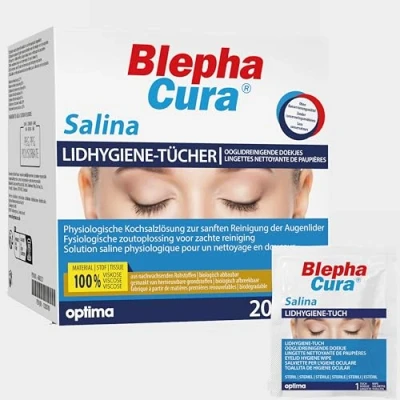 Abbildung von BlephaCura Salina 20x Tücher zur Augenreinigung und Lidhygiene, 100% Viskose, sterile befeuchtete Einmaltücher, Augen Reinigungspads Augenpflege
