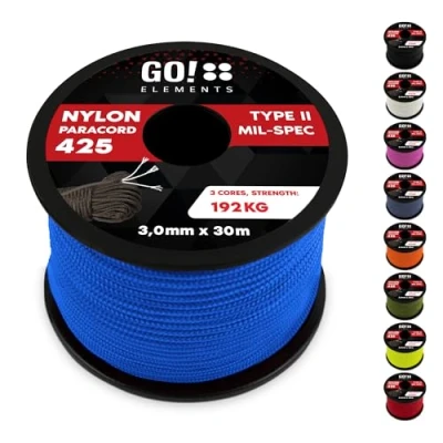 Abbildung von GO!elements 30m Paracord Seil aus reißfestem Nylon 3mm 425 Typ II max. 192kg Schnüre als Outdoor Seil, Allzweckseil, Survival Armband, Hundeleine, Nylonschnur, Farbe: Blau