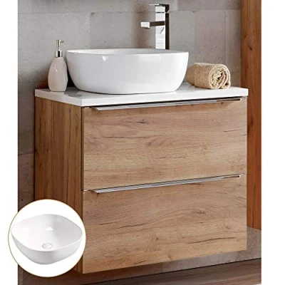 Abbildung von Lomadox Badmöbel Waschtisch Unterschrank Set 61cm, Wotan Eiche Dekor mit Hochglanz weiß, 41cm Keramik Waschbecken, 2 gedämpfte Softclose Schubkästen, B/H/T ca, 61/74,5/46 cm