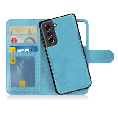 Abbildung von MyGadget Flip Case für Samsung Galaxy S21 FE [ abnehmbare Magnet Hülle ] Handyhülle aus Kunstleder Klapphülle mit Kartenfach Schutzhülle in Hellblau